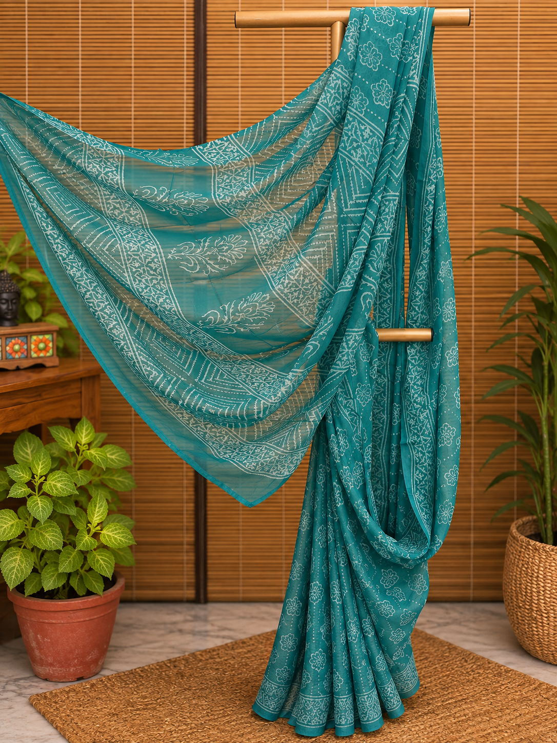 Saba (सबा) Deep Teal-Green Hand Block Printed Pure Chiffon Saree
