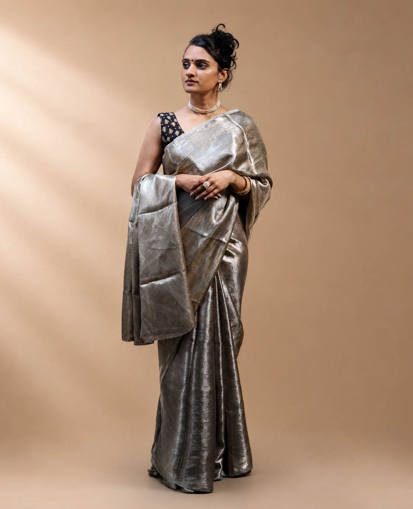 Zivah” Grey-Silver Metallic Tissue Brocade Banarasi Handloom Saree