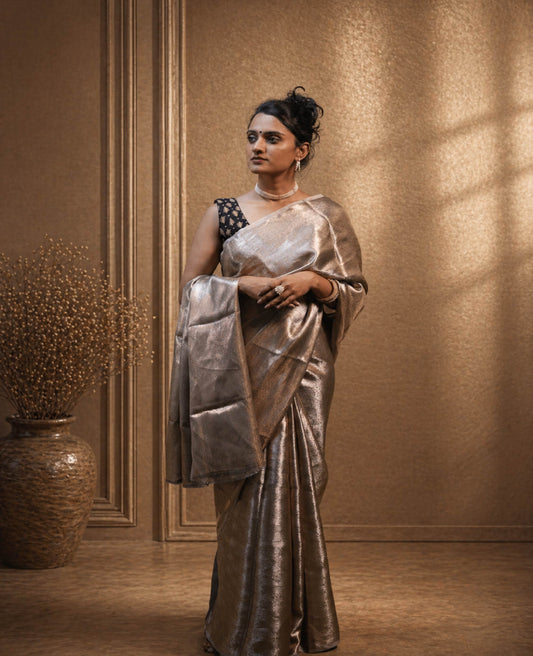 Zivah” Grey-Silver Metallic Tissue Brocade Banarasi Handloom Saree